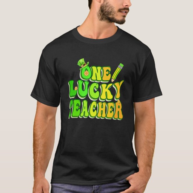 Groovy Retro One Lucky Teacher Irish shamrock St P T-Shirt (Front)