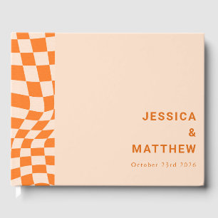 Groovy Retro Orange Abstract Check Wedding Custom  Guest Book