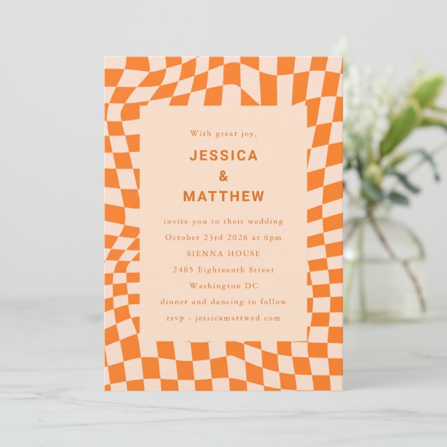 Groovy Retro Orange Abstract Chequerboard Wedding Invitation (Standing Front)