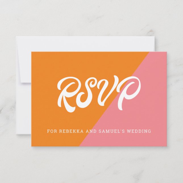 Groovy Retro Orange And Pink Colour Block Wedding RSVP Card (Front)