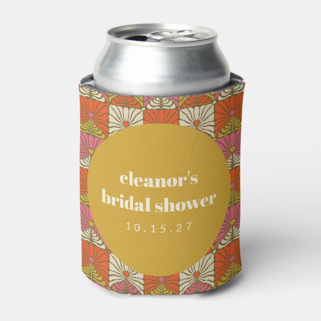 Groovy Retro Orange Botanical Bridal Shower Custom Can Cooler (Can Front)