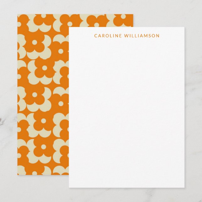 Groovy Retro Orange Floral Custom Name Stationery Card (Front/Back)
