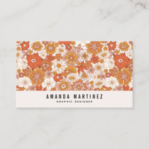 Groovy Retro Orange Floral Pattern Social Media Business Card