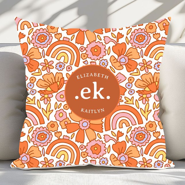  Groovy Retro Orange Florals Monogram Cushion (Creator Uploaded)