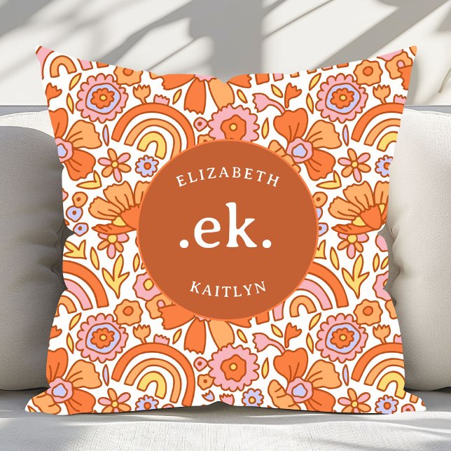  Groovy Retro Orange Florals Monogram Cushion (Creator Uploaded)