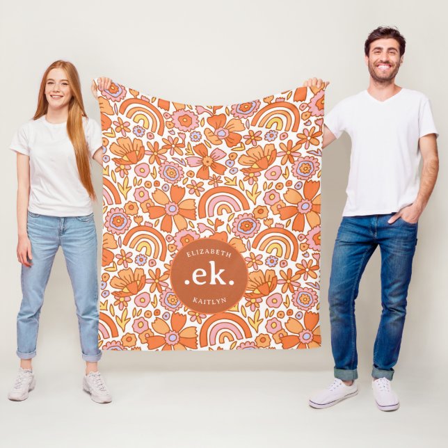  Groovy Retro Orange Florals Monogram Fleece Blanket (In Situ)