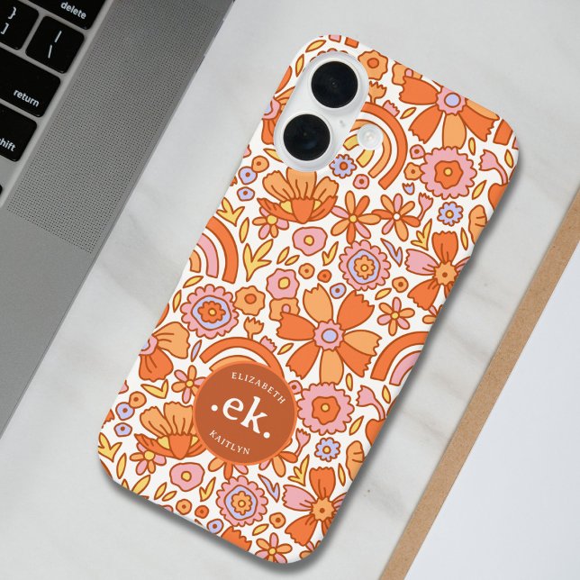  Groovy Retro Orange Florals Monogram iPhone 16 Case (Creator Uploaded)