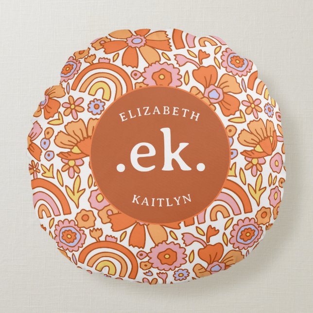 Groovy Retro Orange Florals Monogram Round Cushion (Front)