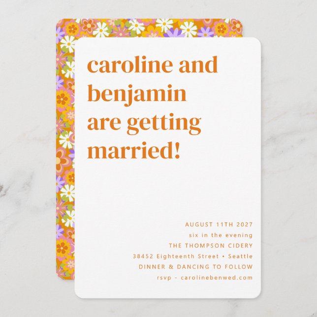 Groovy Retro Orange Flowers All In One Wedding Invitation (Front/Back)
