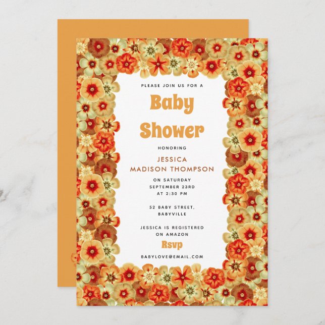 Groovy Retro Orange Hippie Flowers Baby Shower Invitation (Front/Back)