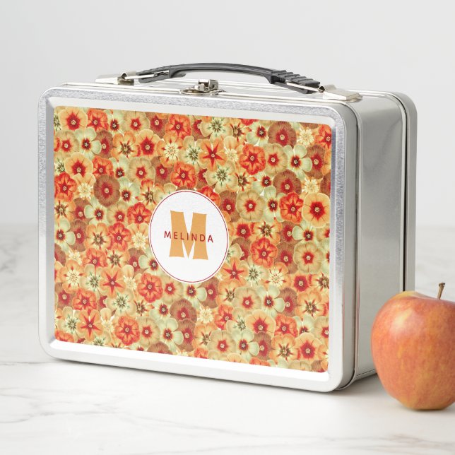 Groovy Retro Orange Hippie Flowers Monogram Metal Lunch Box (In Situ)