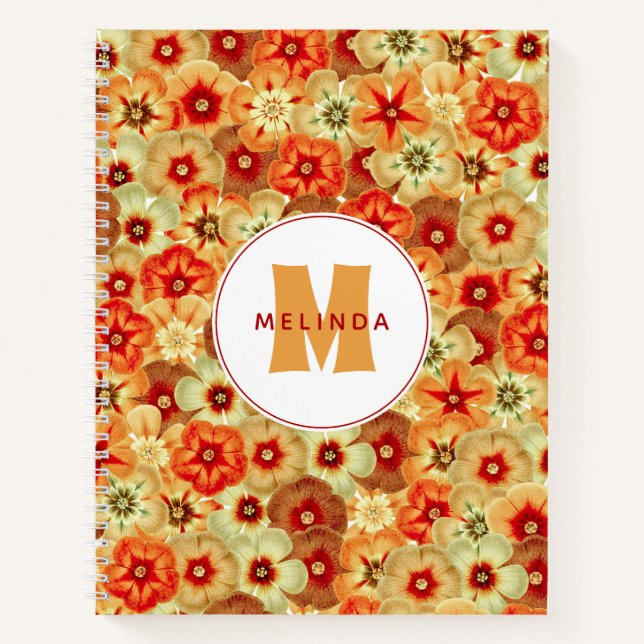 Groovy Retro Orange Hippie Flowers Monogram Notebook (Front)