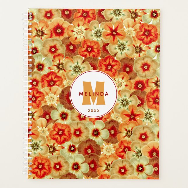 Groovy Retro Orange Hippie Flowers Monogram Planner (Front)