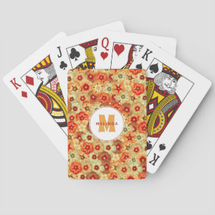 Groovy Retro Orange Hippie Flowers Monogram Playing Cards
