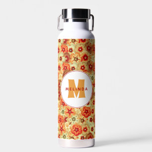 Groovy Retro Orange Hippie Flowers Monogram Water Bottle