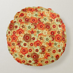 Groovy Retro Orange Hippie Flowers Pattern Round Cushion