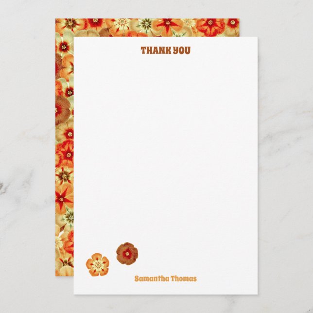 Groovy Retro Orange Hippie Flowers Pattern Thank You Card (Front/Back)