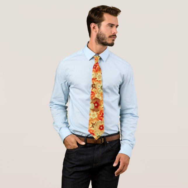 Groovy Retro Orange Hippie Flowers Pattern Tie (In Situ)