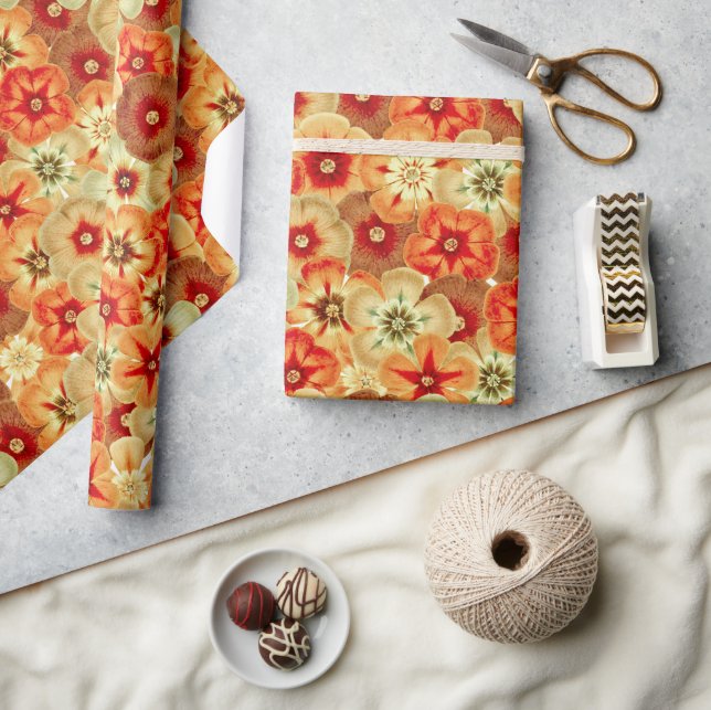 Groovy Retro Orange Hippie Flowers Pattern Wrapping Paper (Crafts)