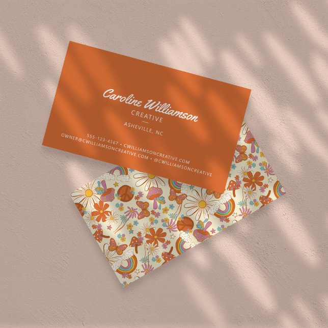 Groovy Retro Orange Hippie Peace Flowers Trendy Business Card (Creator Uploaded)