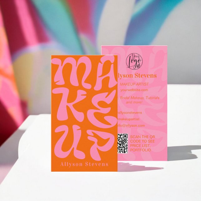 Groovy retro orange logo qr code Makeup Business Card (Groovy retro orange logo qr code Makeup Business Card)