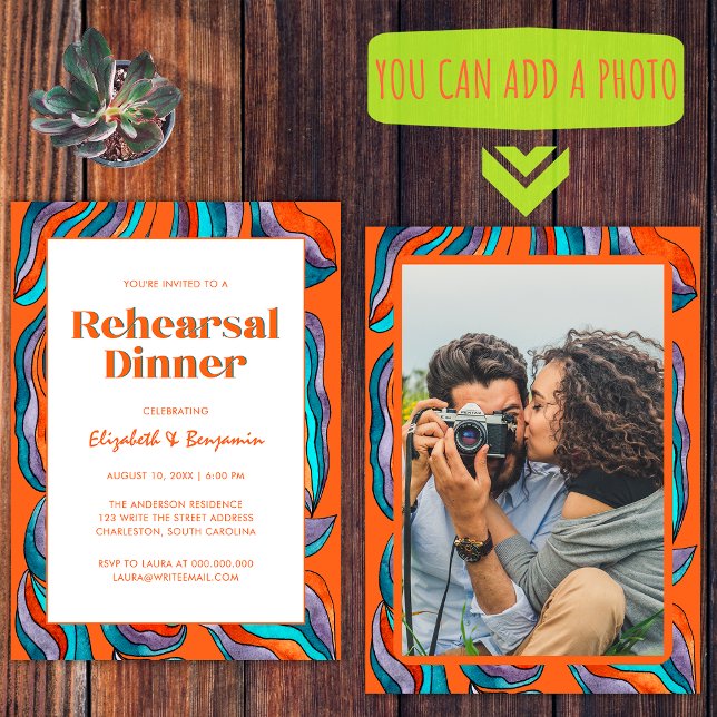 Groovy Retro Orange Photo Wedding Rehearsal Dinner Invitation (Front and Back)