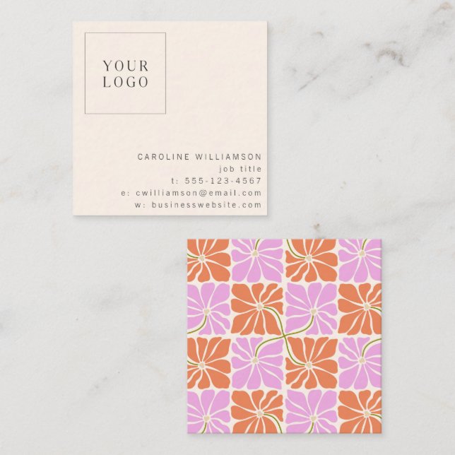 Groovy Retro Orange Pink Floral Logo Creative Square Business Card (Front/Back)