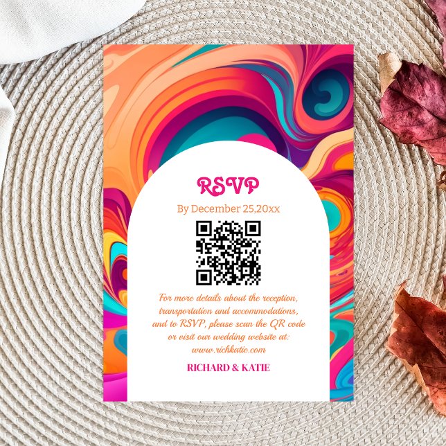 Groovy Retro Orange Pink funky QR code RSVP Card (Creator Uploaded)
