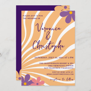 Groovy Retro Orange Purple Floral Wedding Invitation