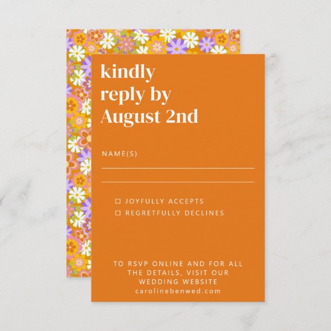 Groovy Retro Orange Purple Flowers Wedding RSVP Card (Front/Back)