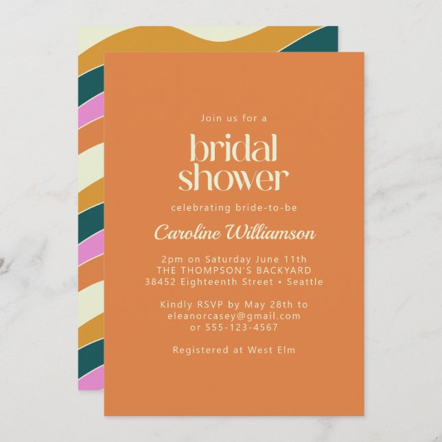 Groovy Retro Orange Wavy Lines Bridal Shower Invitation (Front/Back)