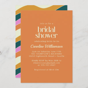 Groovy Retro Orange Wavy Lines Bridal Shower Invitation