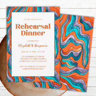 Groovy Retro Orange Wavy Wedding Rehearsal Dinner Invitation