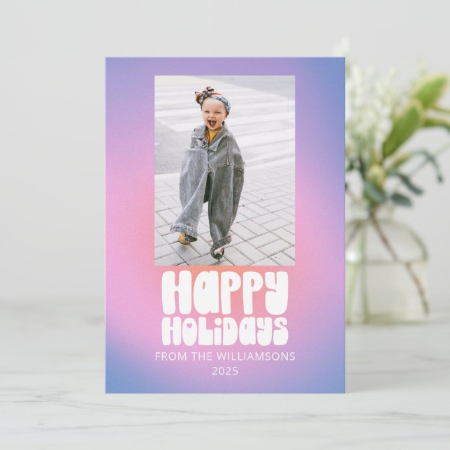 Groovy Retro Pastel Two Photo Happy Christmas Holiday Card (Standing Front)