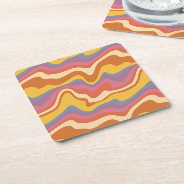 Groovy Retro Pattern Square Paper Coaster (Angled)