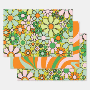 Groovy Retro Patterns 60s 70s Orange Green  Wrapping Paper Sheet