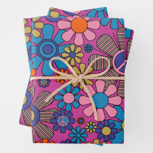 Groovy Retro Peace Flowers 60s 70s Colourful Flora Wrapping Paper Sheet