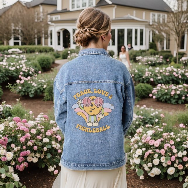 Groovy Retro Peace, Love & Pickleball Denim Jacket (Wedding Back)