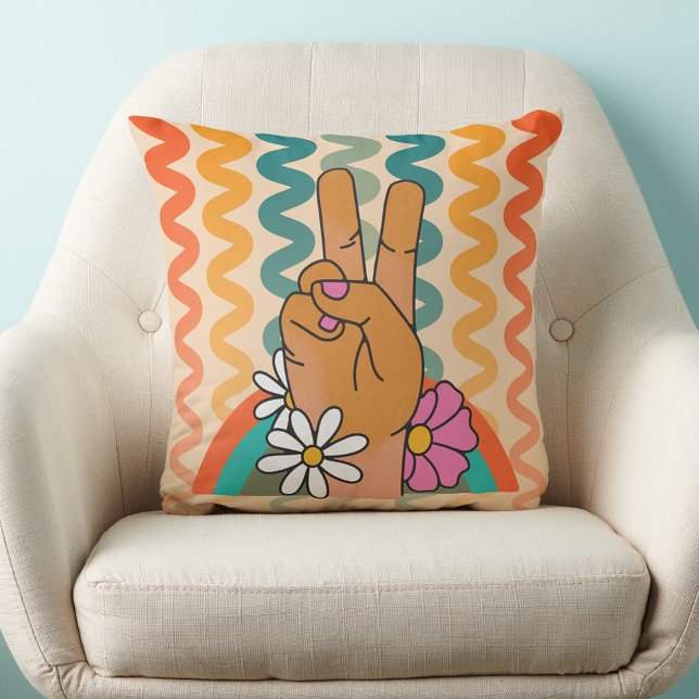 Groovy Retro Peace Sign Flower Rainbow Cushion (Groovy Retro Peace Sign Flower Rainbow Throw Pillow teen girl college dorm room decor decorations)