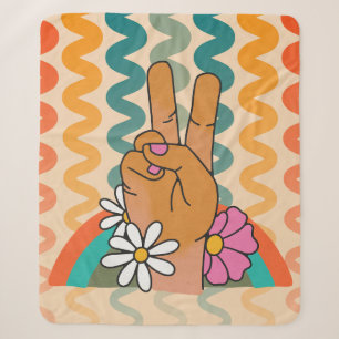 Groovy Retro Peace Sign Flower Rainbow Sherpa Blanket