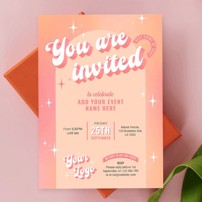 Groovy Retro Peach Pink Modern Logo Business Event Invitation (Trendy business invitation design with groovy fonts, peach and pink feminine colors and sparkles)