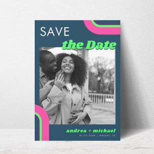 Groovy Retro Photo Save The Date – Teal & Rainbow
