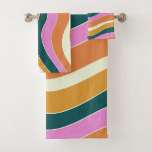 Groovy Retro Pink and Green Wavy Lines  Bath Towel Set