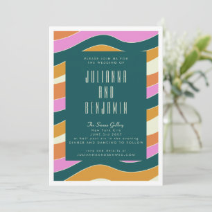 Groovy Retro Pink and Green Wavy Lines Wedding Invitation