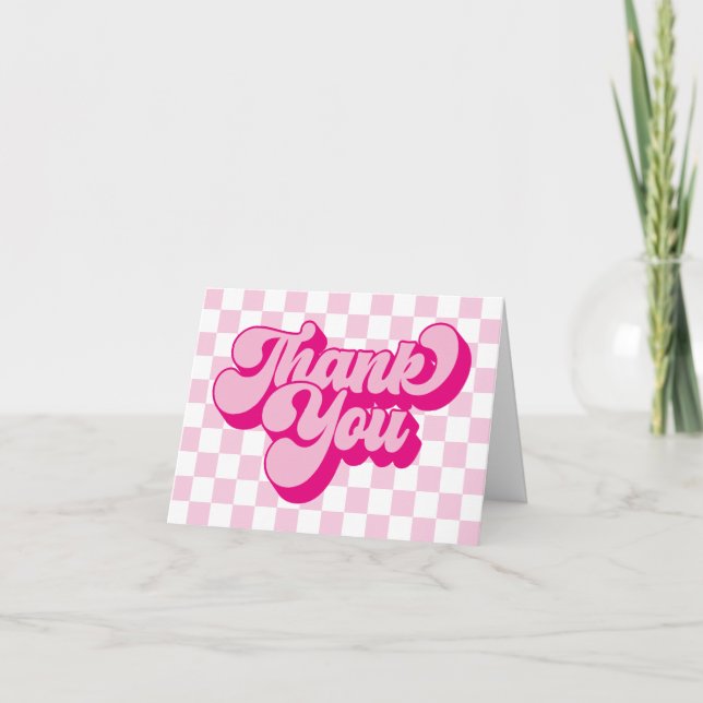 Groovy Retro Pink and White Check 1st Birthday Thank You Card (Front)