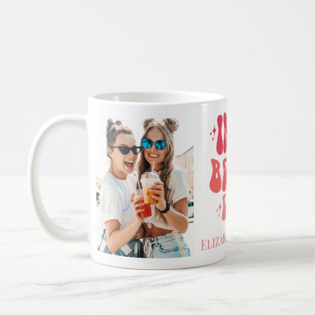 Groovy Retro Pink Bestie Era 2 Photos & Names Coffee Mug (Left)