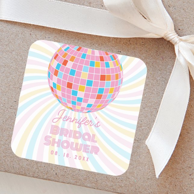 Groovy Retro Pink Disco Ball 70s 80s Bridal Shower Square Sticker (Creator Uploaded)