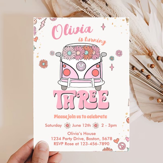 Groovy Retro Pink Flowers 3st Birthday Invitation (Creator Uploaded)