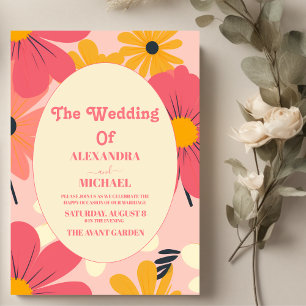 Groovy Retro Pink & Gold Wedding Invitation