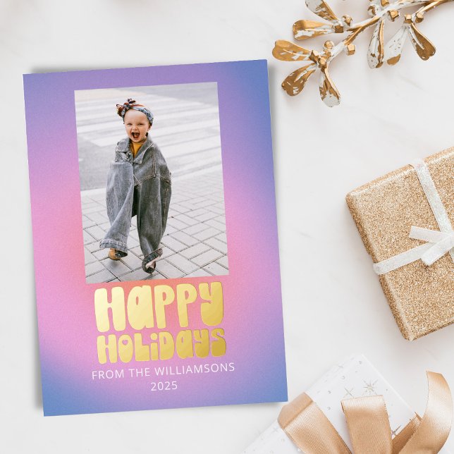 Groovy Retro Pink Lilac Pastel Cute Two Photo Gold Foil Holiday Card (Creator Uploaded)